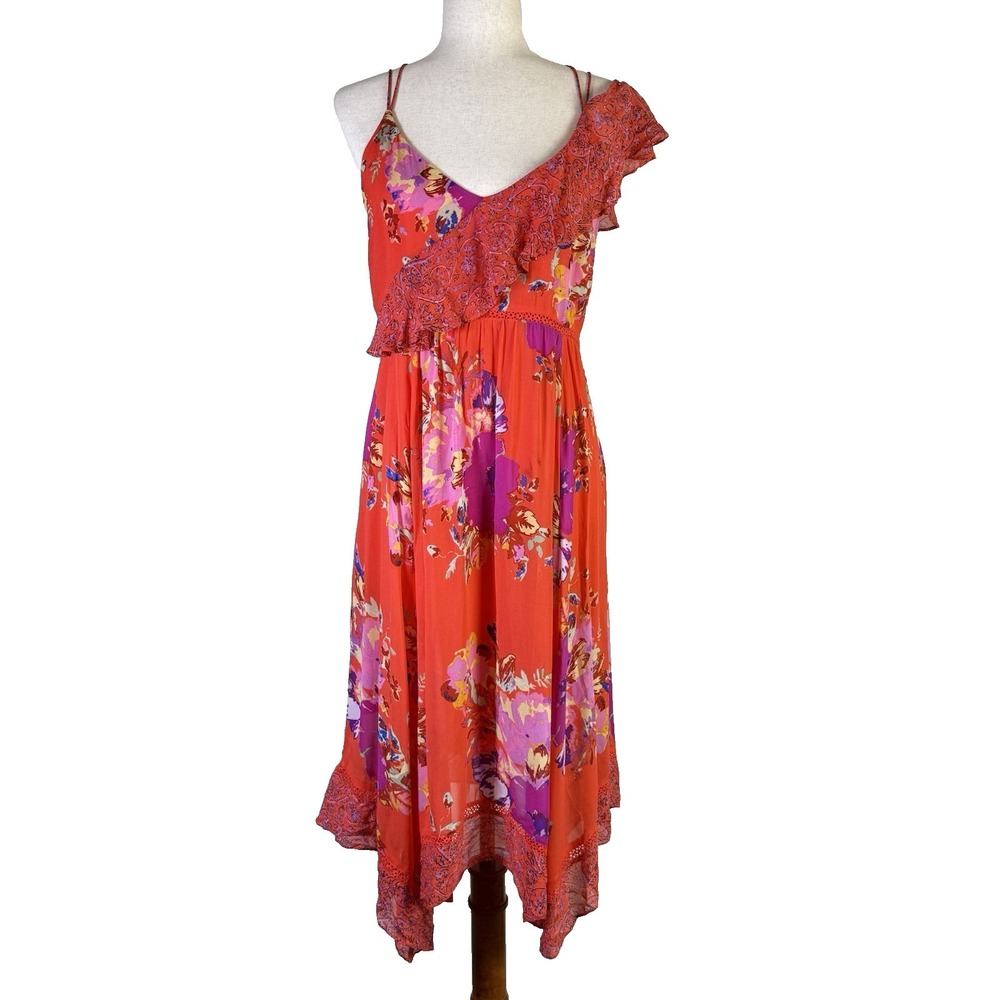 Anthropologie Maeve Red Grecia Dress‎ Size 6 Handkerchief Hem Floral Festival